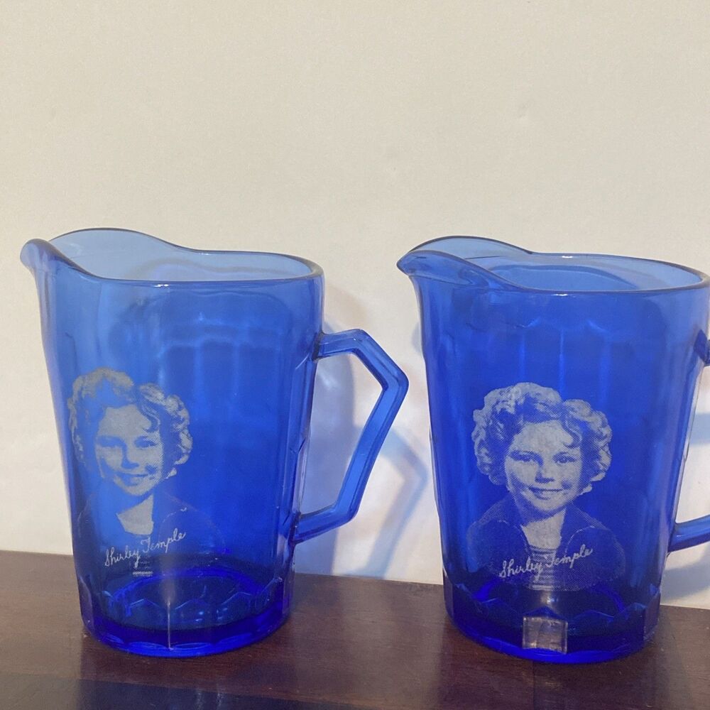 2 Vintage Cobalt Blue Shirley Temple Handled Cup Glass Single Serve Pitcher 4"